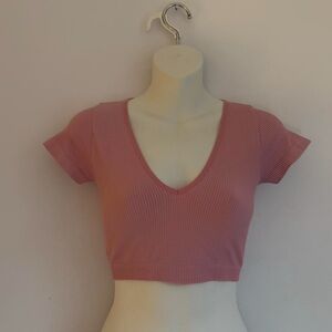 Garage Pink Ribbed V-Neck Tee
